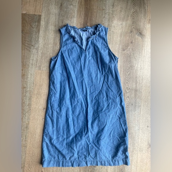 Talbots Petite Chambray Ruffle Neck Shift Dress MP Medium Blue 100% Cotton - Picture 1 of 5